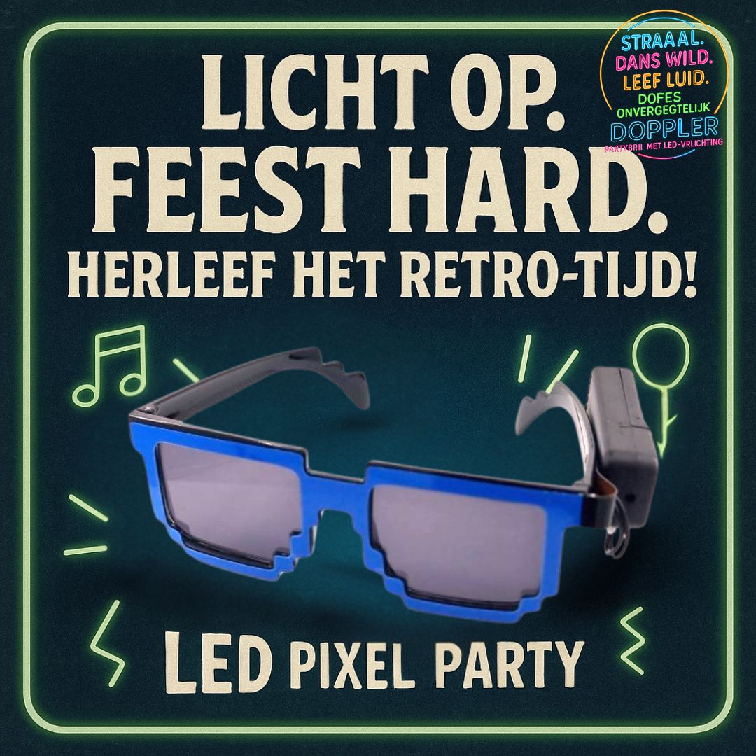 Laat het feest beginnen met de Doppler Pixel Partybril!Deze opvallende feestbril met witte LED-verlichting en pixelstijl is dé eyecatcher op elk event