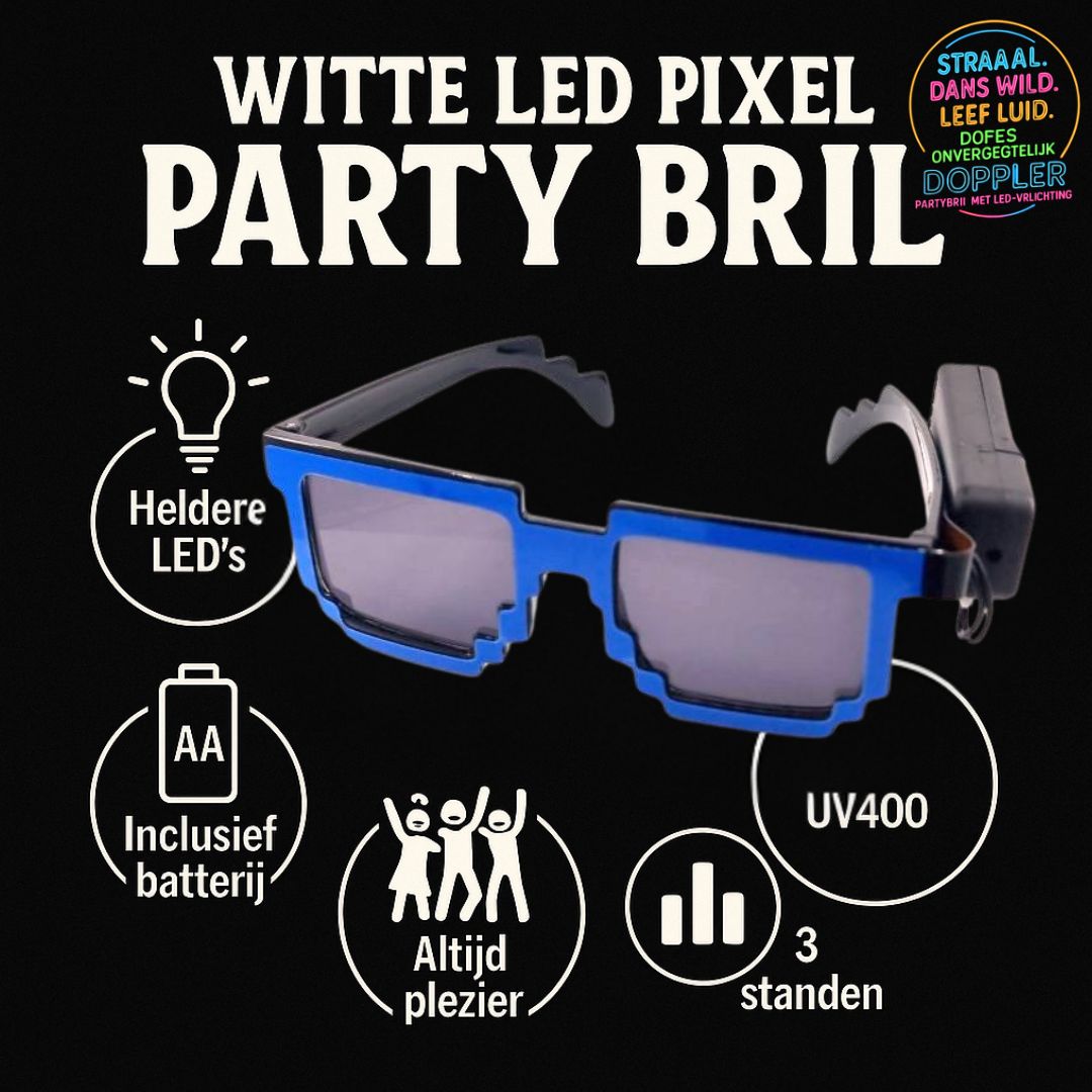 Laat het feest beginnen met de Doppler Pixel Partybril!Deze opvallende feestbril met witte LED-verlichting en pixelstijl is dé eyecatcher op elk event