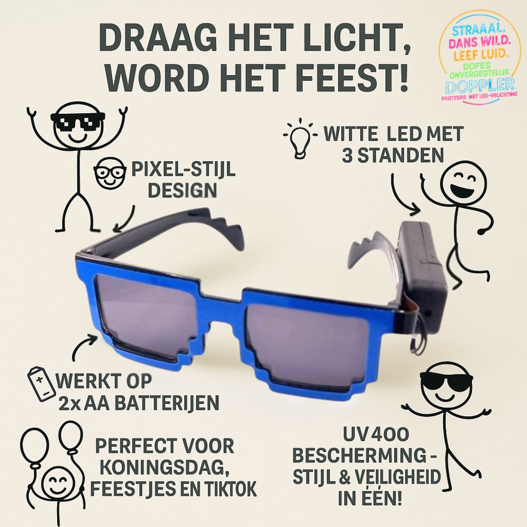 Laat het feest beginnen met de Doppler Pixel Partybril!Deze opvallende feestbril met witte LED-verlichting en pixelstijl is dé eyecatcher op elk event