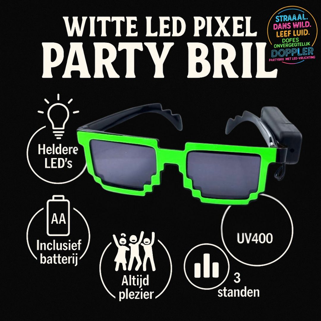 Doppler Pixel Party LED Bril – Groen Licht – Neon Effect, Batterij, Feestbril