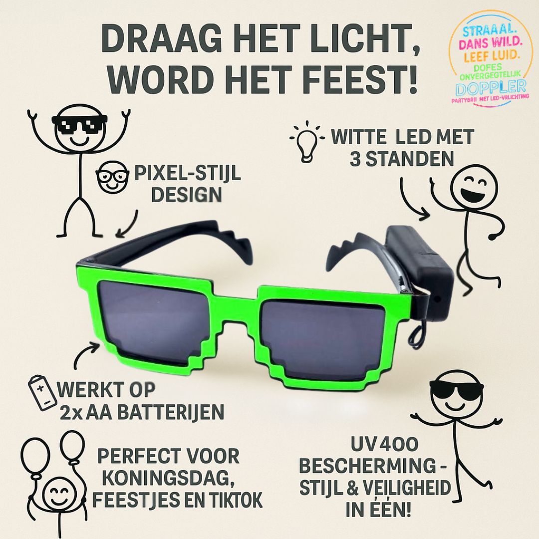Doppler Pixel Party LED Bril – Groen Licht – Neon Effect, Batterij, Feestbril