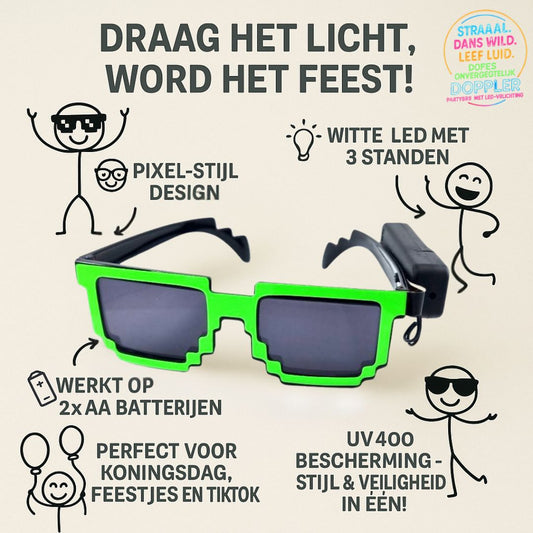 Doppler Pixel Party LED Bril – Groen Licht – Neon Effect, Batterij, Feestbril