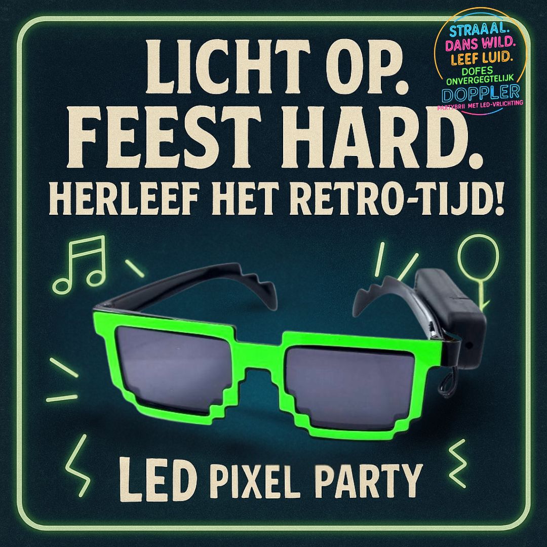 Doppler Pixel Party LED Bril – Groen Licht – Neon Effect, Batterij, Feestbril