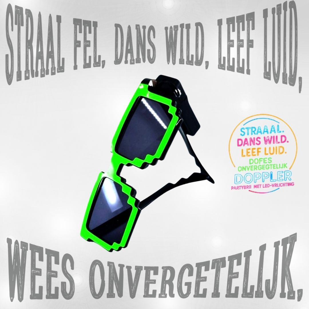 Laat het feest beginnen met de Doppler Pixel Partybril!Deze opvallende feestbril met witte LED-verlichting en pixelstijl is dé eyecatcher op elk event