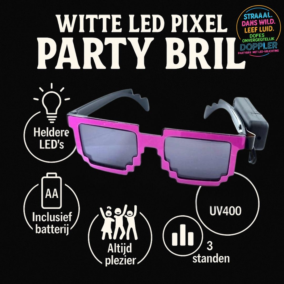 Laat het feest beginnen met de Doppler Pixel Partybril!Deze opvallende feestbril met witte LED-verlichting en pixelstijl is dé eyecatcher op elk event