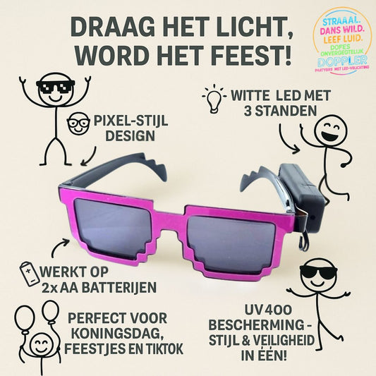 Laat het feest beginnen met de Doppler Pixel Partybril!Deze opvallende feestbril met witte LED-verlichting en pixelstijl is dé eyecatcher op elk event