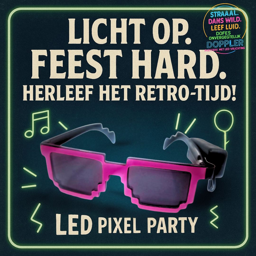 Laat het feest beginnen met de Doppler Pixel Partybril!Deze opvallende feestbril met witte LED-verlichting en pixelstijl is dé eyecatcher op elk event