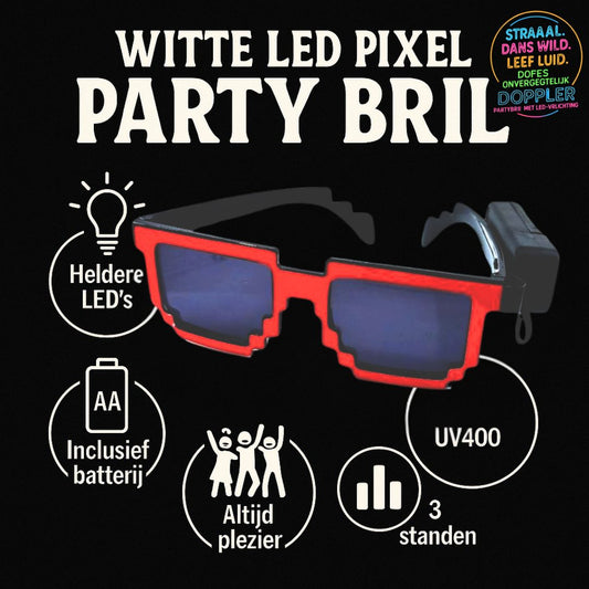Laat het feest beginnen met de Doppler Pixel Partybril!Deze opvallende feestbril met witte LED-verlichting en pixelstijl is dé eyecatcher op elk event