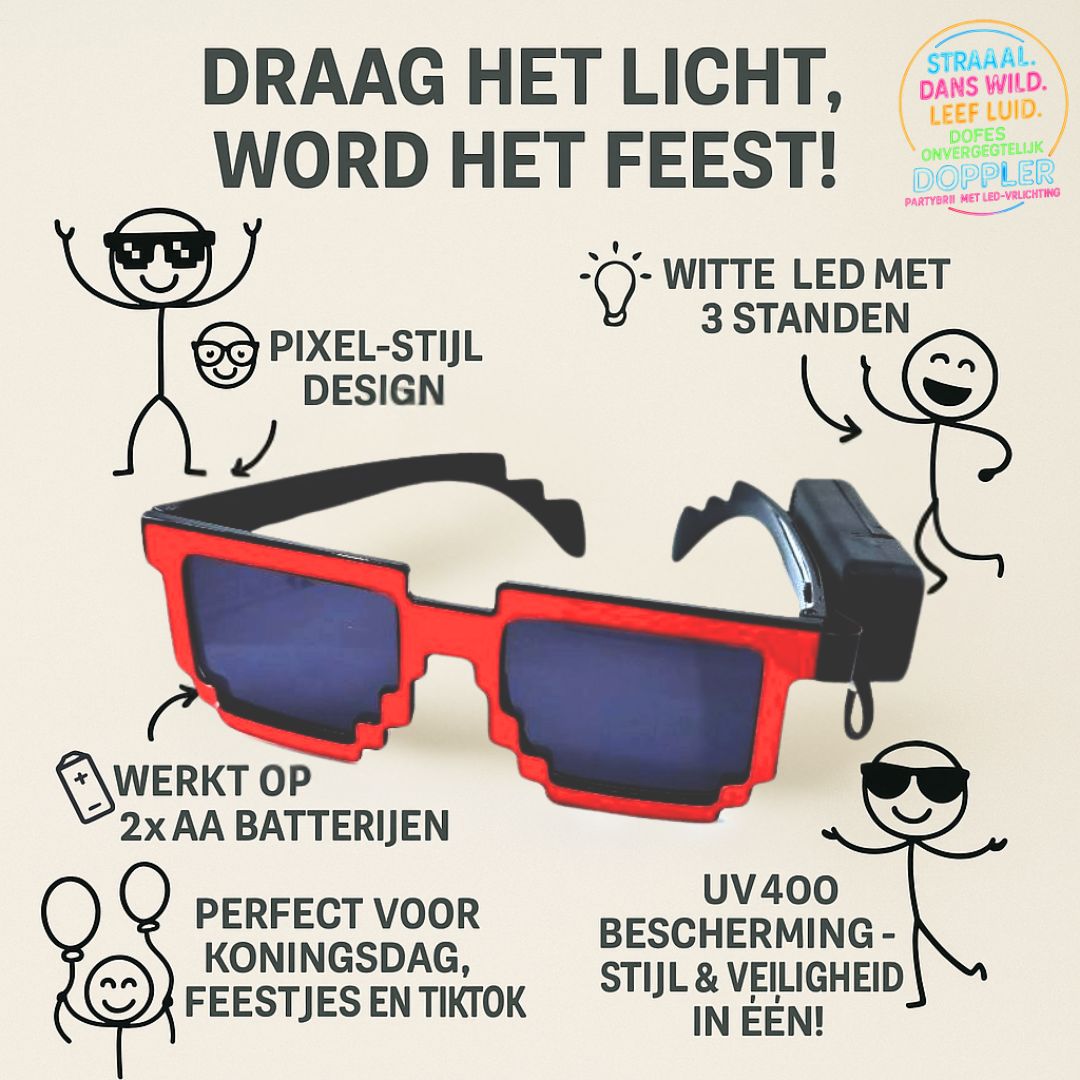 Laat het feest beginnen met de Doppler Pixel Partybril!Deze opvallende feestbril met witte LED-verlichting en pixelstijl is dé eyecatcher op elk event