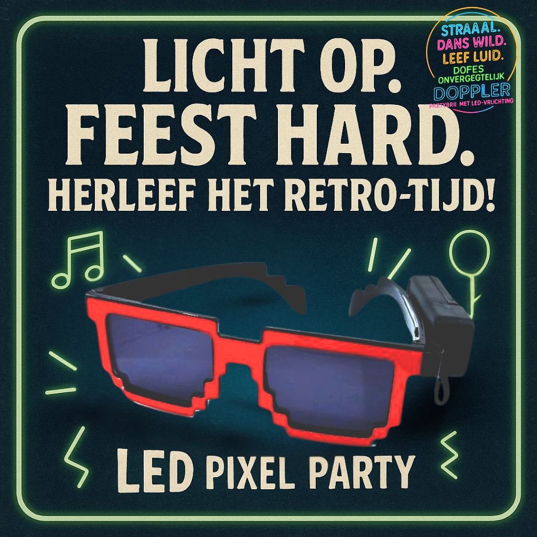 Laat het feest beginnen met de Doppler Pixel Partybril!Deze opvallende feestbril met witte LED-verlichting en pixelstijl is dé eyecatcher op elk event