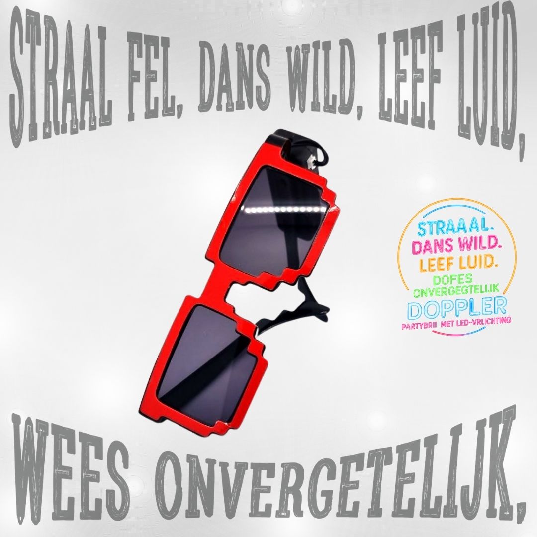 Laat het feest beginnen met de Doppler Pixel Partybril!Deze opvallende feestbril met witte LED-verlichting en pixelstijl is dé eyecatcher op elk event