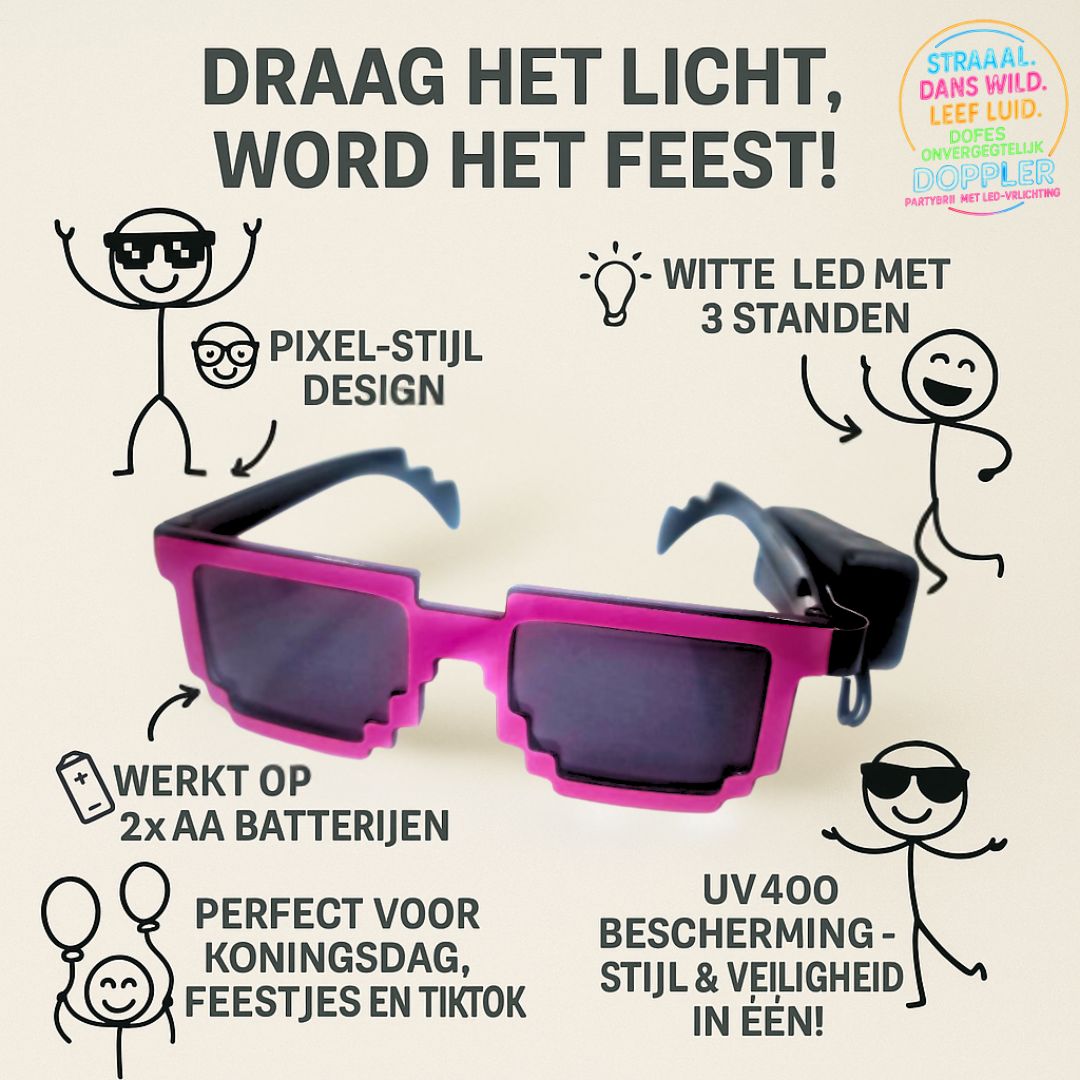 Laat het feest beginnen met de Doppler Pixel Partybril!Deze opvallende feestbril met witte LED-verlichting en pixelstijl is dé eyecatcher op elk event