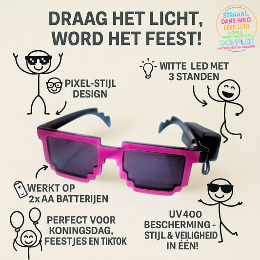 Laat het feest beginnen met de Doppler Pixel Partybril!Deze opvallende feestbril met witte LED-verlichting en pixelstijl is dé eyecatcher op elk event