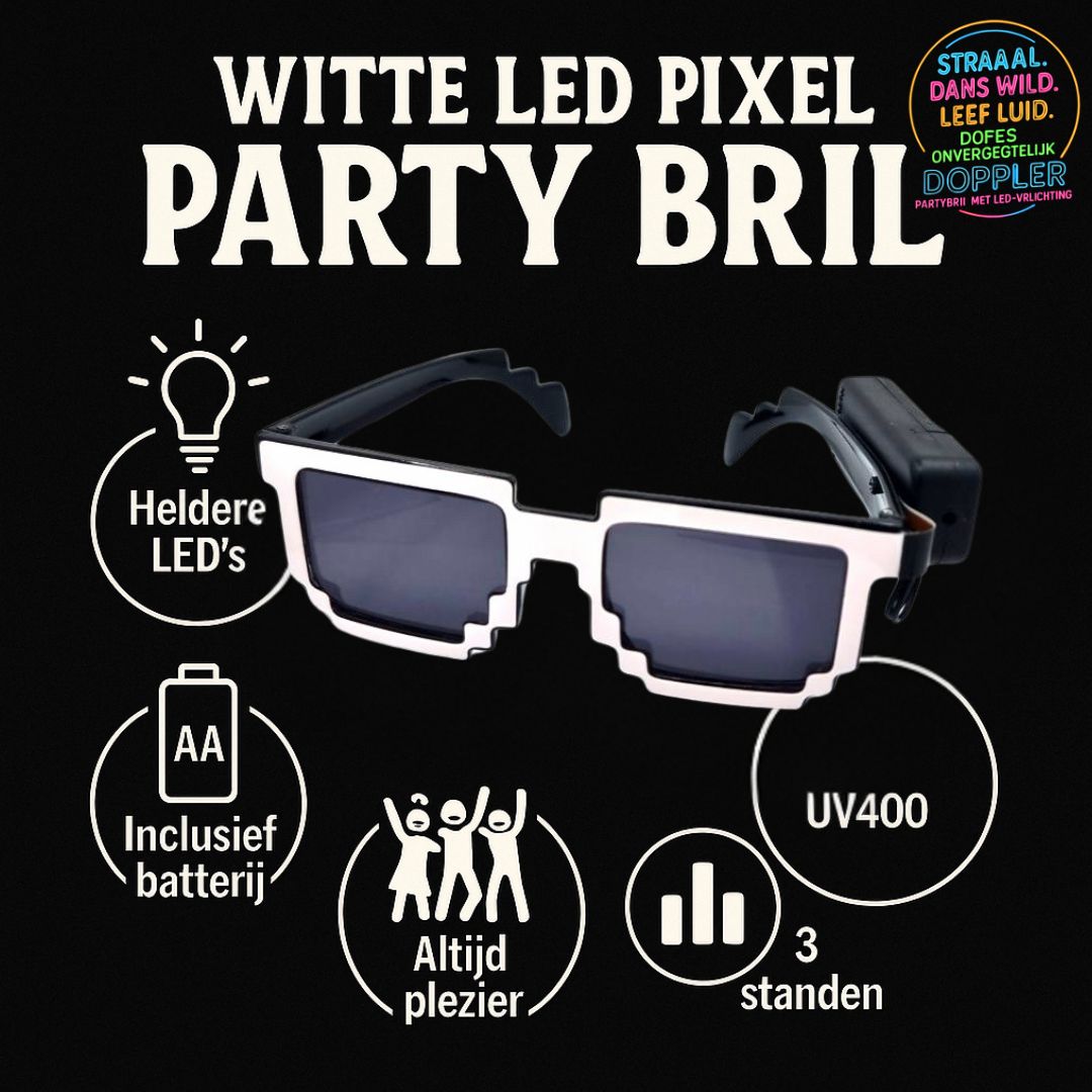 Laat het feest beginnen met de Doppler Pixel Partybril!Deze opvallende feestbril met witte LED-verlichting en pixelstijl is dé eyecatcher op elk event