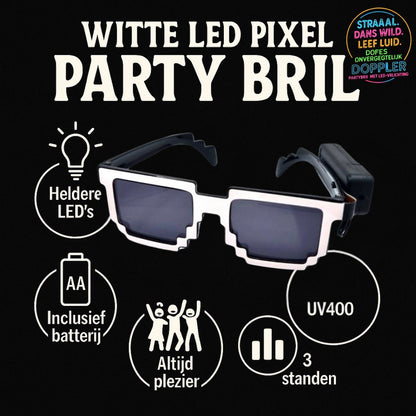 Laat het feest beginnen met de Doppler Pixel Partybril!Deze opvallende feestbril met witte LED-verlichting en pixelstijl is dé eyecatcher op elk event
