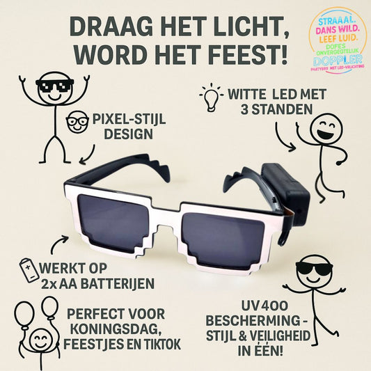 Laat het feest beginnen met de Doppler Pixel Partybril!Deze opvallende feestbril met witte LED-verlichting en pixelstijl is dé eyecatcher op elk event