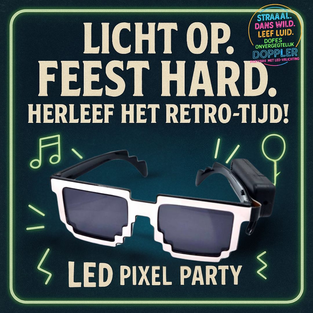 Laat het feest beginnen met de Doppler Pixel Partybril!Deze opvallende feestbril met witte LED-verlichting en pixelstijl is dé eyecatcher op elk event