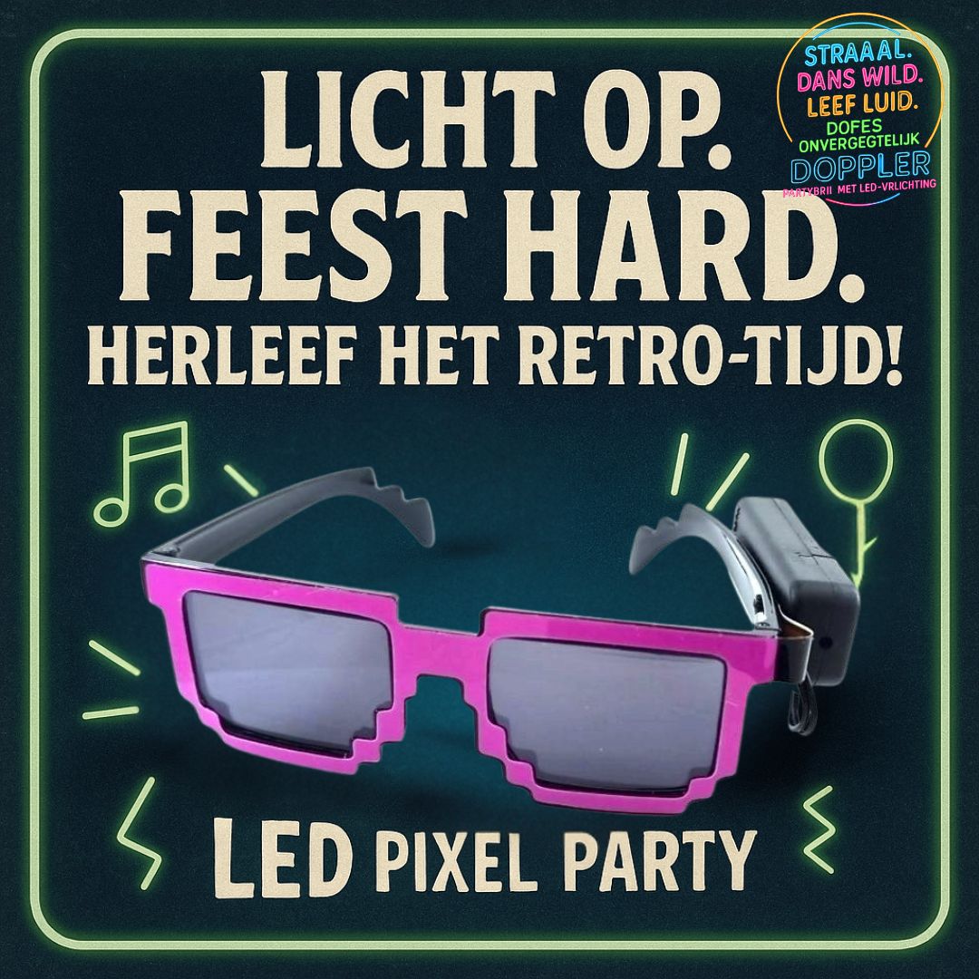 Laat het feest beginnen met de Doppler Pixel Partybril!Deze opvallende feestbril met witte LED-verlichting en pixelstijl is dé eyecatcher op elk event
