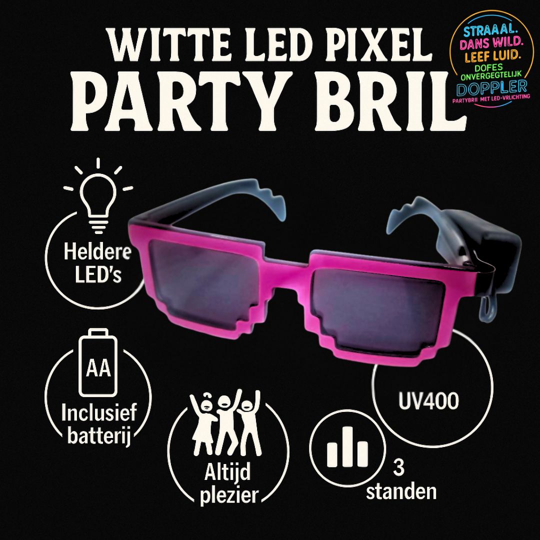Laat het feest beginnen met de Doppler Pixel Partybril!Deze opvallende feestbril met witte LED-verlichting en pixelstijl is dé eyecatcher op elk event