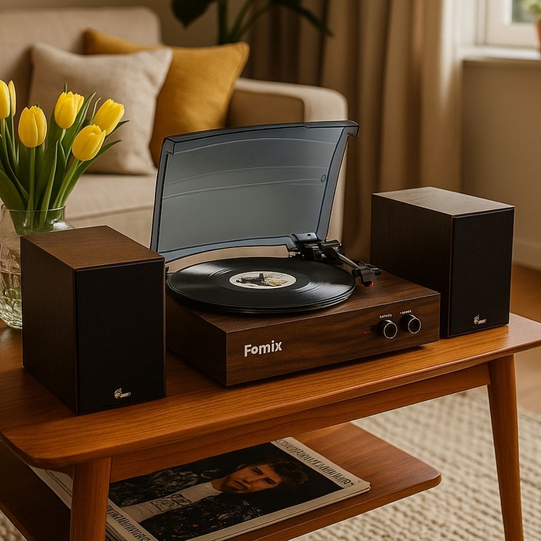 Fomix FM200 Bluetooth platenspeler met houten afwerking en twee externe luidsprekers
