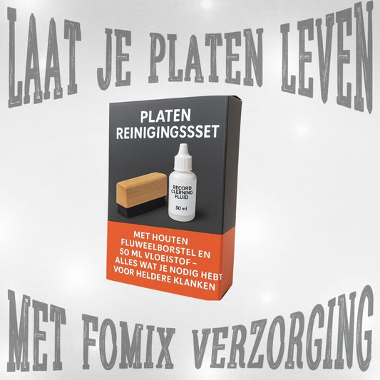 Complete platen reinigingskit met 50 ml vloeistof en houten fluweelborstel – ideaal voor het onderhouden van je vinylcollectie.