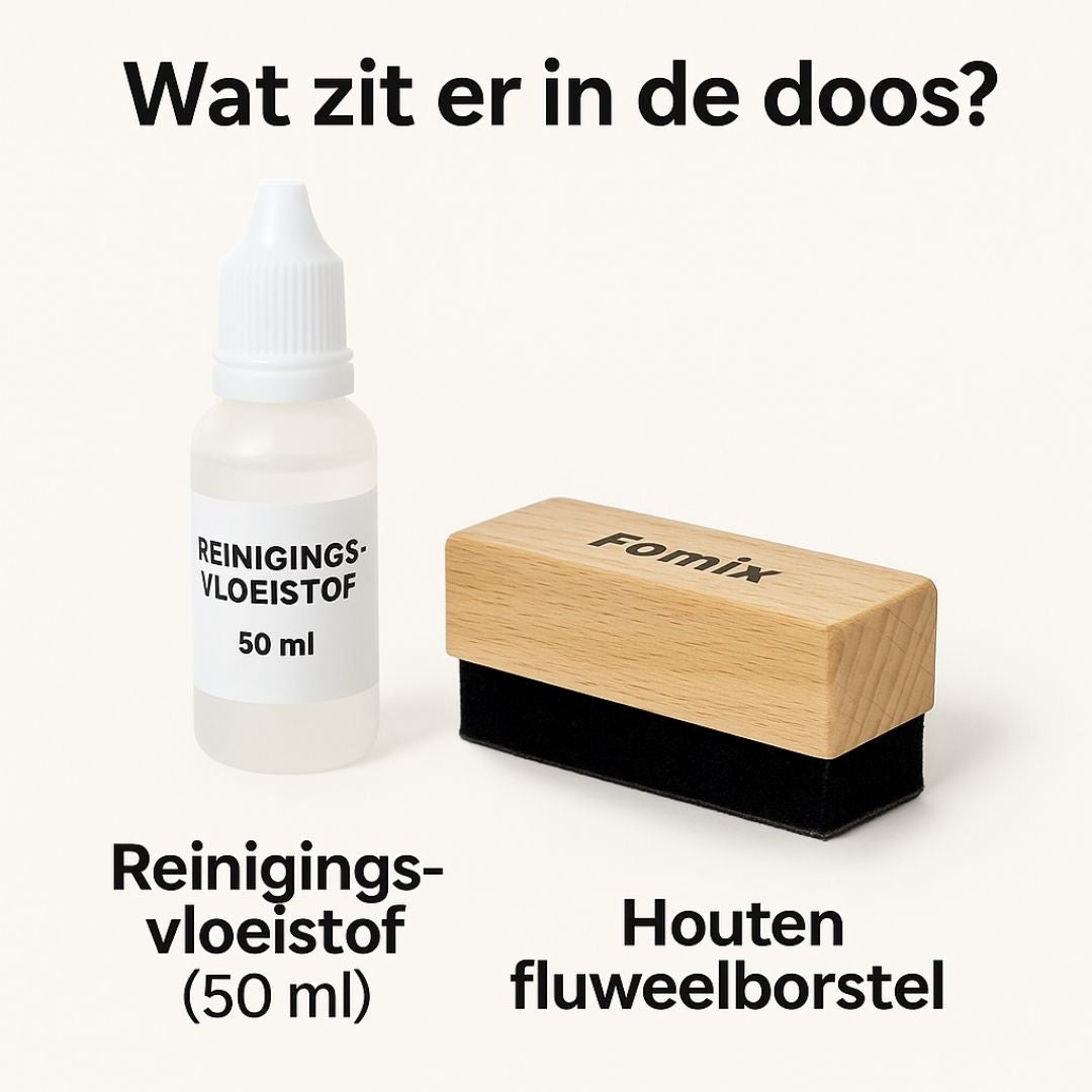 Complete platen reinigingskit met 50 ml vloeistof en houten fluweelborstel – ideaal voor het onderhouden van je vinylcollectie.