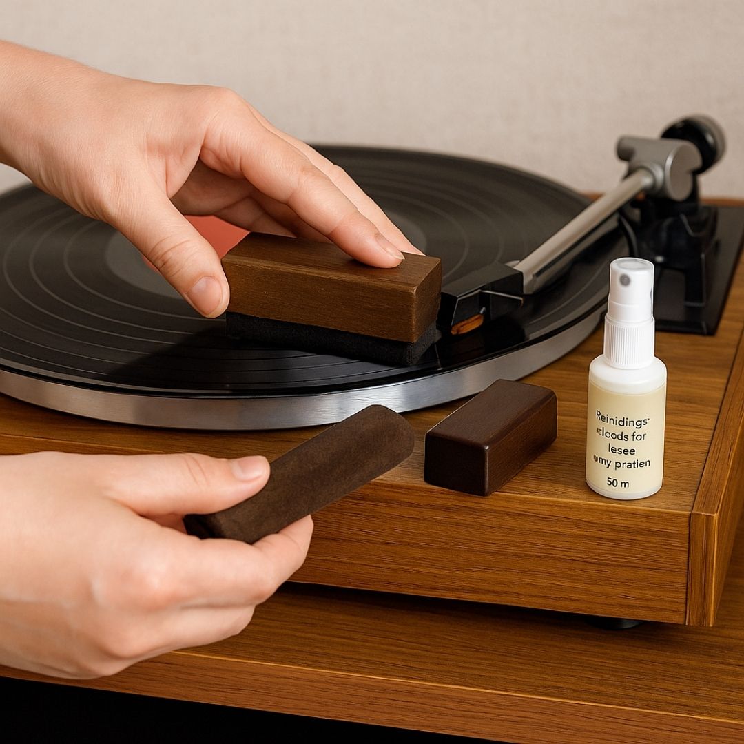 Complete platen reinigingskit met 50 ml vloeistof en houten fluweelborstel – ideaal voor het onderhouden van je vinylcollectie.