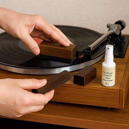 Complete platen reinigingskit met 50 ml vloeistof en houten fluweelborstel – ideaal voor het onderhouden van je vinylcollectie.