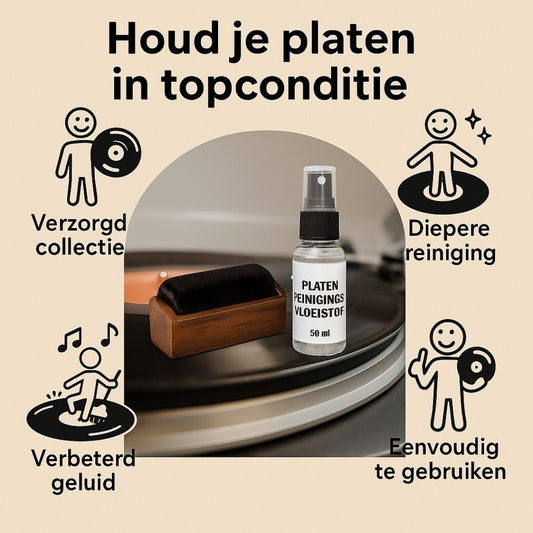 Complete platen reinigingskit met 50 ml vloeistof en houten fluweelborstel – ideaal voor het onderhouden van je vinylcollectie.