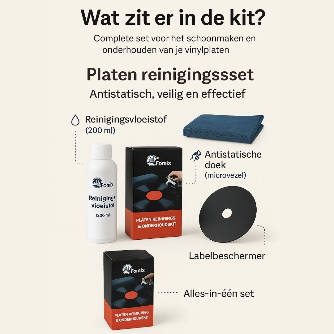 Vinyl platen reinigings- en onderhoudskit met vloeistof, antistatische doek en labelbeschermer – complete set voor LP-verzorging.