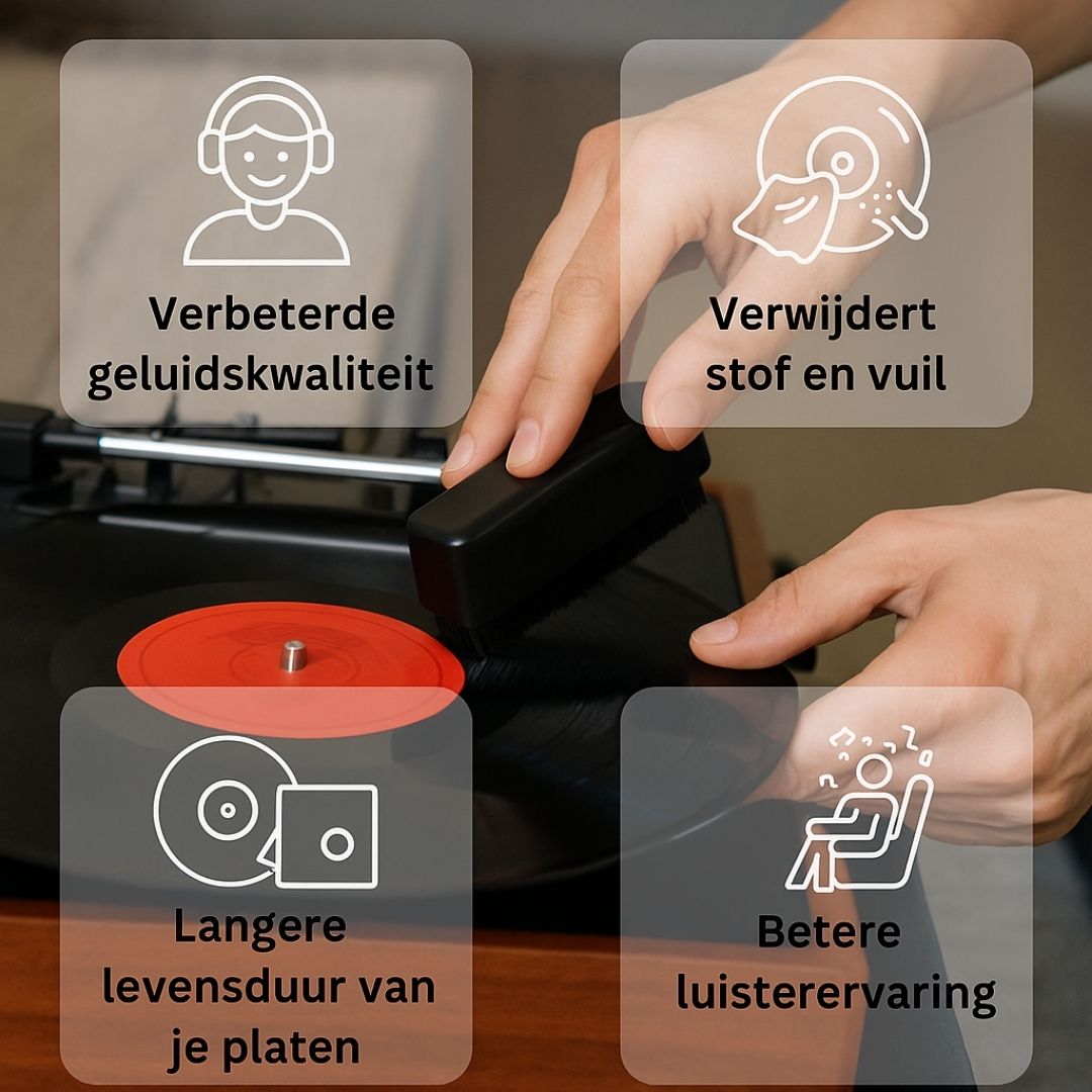 Vinyl platen reinigings- en onderhoudskit met vloeistof, antistatische doek en labelbeschermer – complete set voor LP-verzorging.