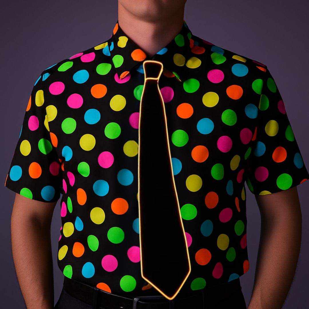 Mensen die feesten in een discotheek met Doppler LED-verlichte dassen, strikken en glow party accessoires