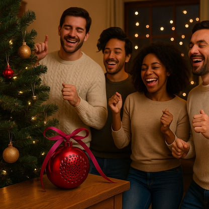 Gouden draadloze Bluetooth kerstbal speaker, hangend in een kerstboom met warme lichtjes.