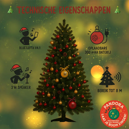 Gouden draadloze Bluetooth kerstbal speaker, hangend in een kerstboom met warme lichtjes.
