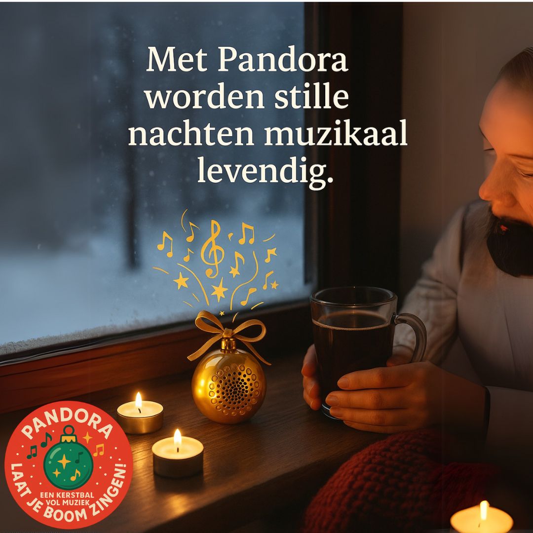 Gouden draadloze Bluetooth kerstbal speaker, hangend in een kerstboom met warme lichtjes.