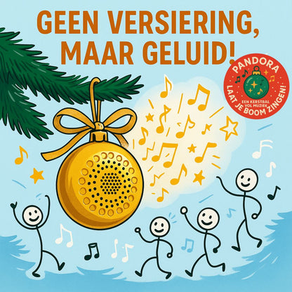 Gouden draadloze Bluetooth kerstbal speaker, hangend in een kerstboom met warme lichtjes.