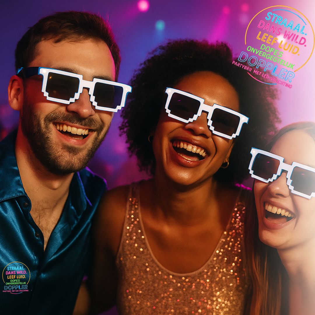 Laat het feest beginnen met de Doppler Pixel Partybril!Deze opvallende feestbril met witte LED-verlichting en pixelstijl is dé eyecatcher op elk event