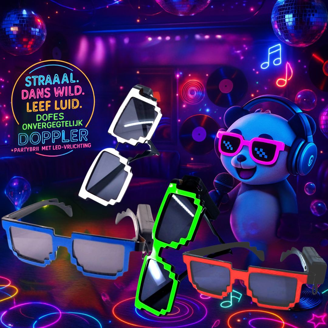 Laat het feest beginnen met de Doppler Pixel Partybril!Deze opvallende feestbril met witte LED-verlichting en pixelstijl is dé eyecatcher op elk event