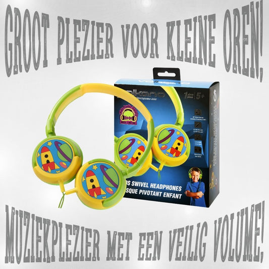 "Volkano Junior Explorer kindvriendelijke over-ear hoofdtelefoon met kleurrijk raket- en planeetontwerp, bedrade aansluiting en 90 dB volumebegrenzer."