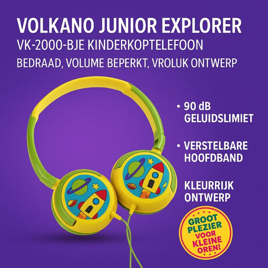 "Volkano Junior Explorer kindvriendelijke over-ear hoofdtelefoon met kleurrijk raket- en planeetontwerp, bedrade aansluiting en 90 dB volumebegrenzer."