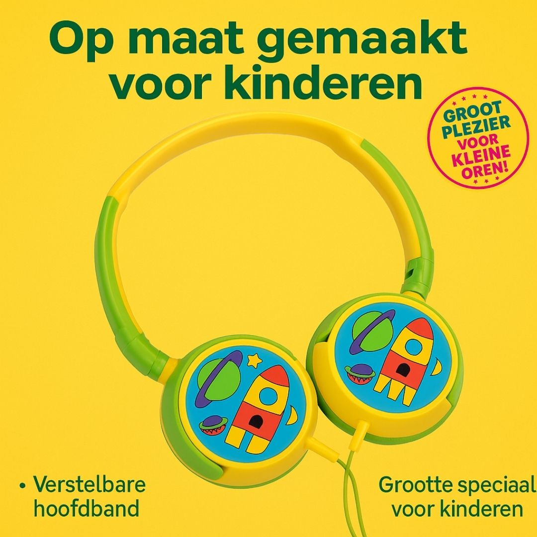 "Volkano Junior Explorer kindvriendelijke over-ear hoofdtelefoon met kleurrijk raket- en planeetontwerp, bedrade aansluiting en 90 dB volumebegrenzer."
