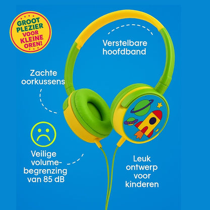 "Volkano Junior Explorer kindvriendelijke over-ear hoofdtelefoon met kleurrijk raket- en planeetontwerp, bedrade aansluiting en 90 dB volumebegrenzer."
