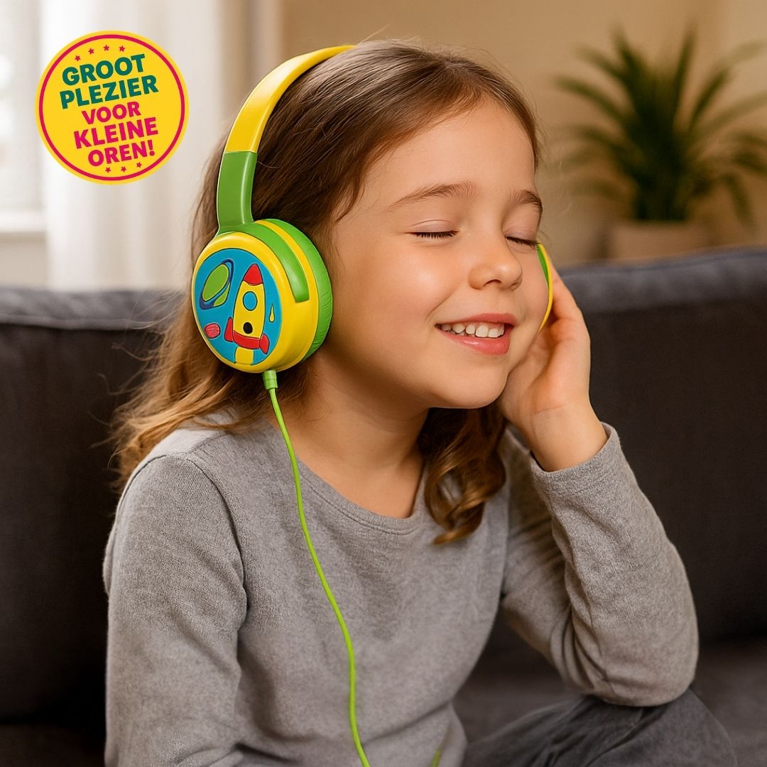 "Volkano Junior Explorer kindvriendelijke over-ear hoofdtelefoon met kleurrijk raket- en planeetontwerp, bedrade aansluiting en 90 dB volumebegrenzer."