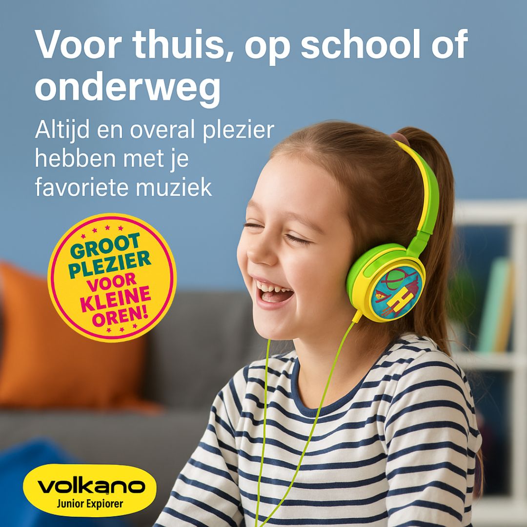 "Volkano Junior Explorer kindvriendelijke over-ear hoofdtelefoon met kleurrijk raket- en planeetontwerp, bedrade aansluiting en 90 dB volumebegrenzer."