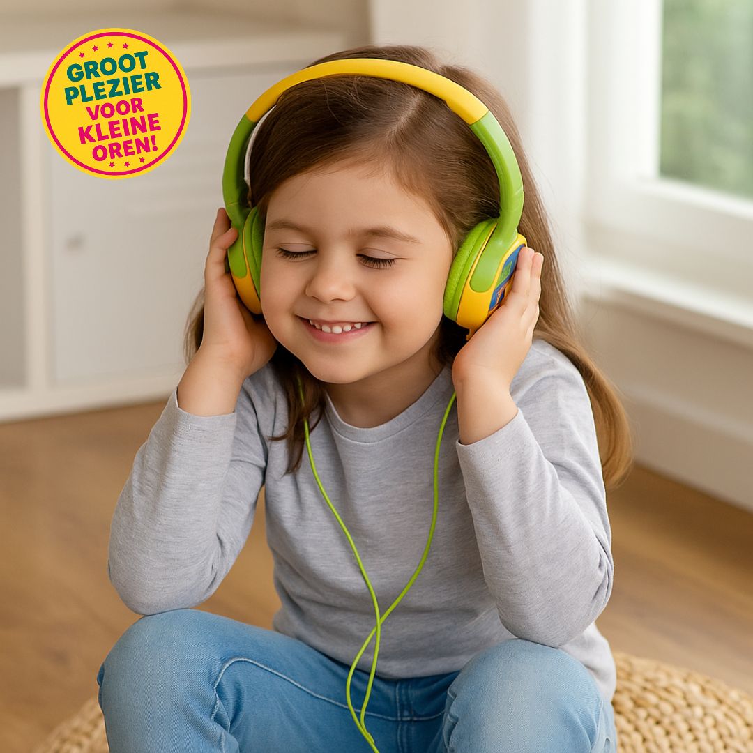 "Volkano Junior Explorer kindvriendelijke over-ear hoofdtelefoon met kleurrijk raket- en planeetontwerp, bedrade aansluiting en 90 dB volumebegrenzer."