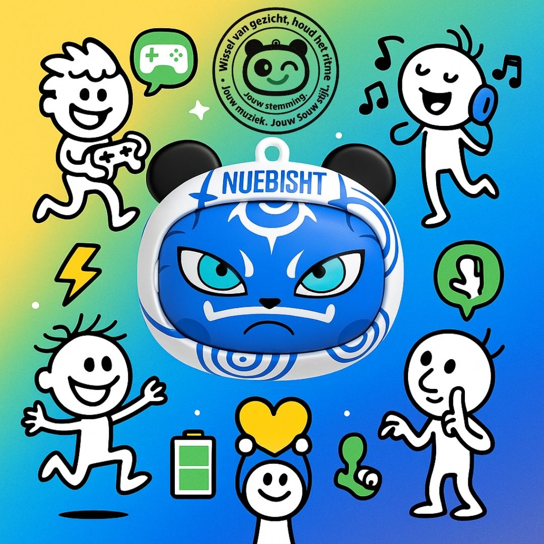 Blauwe Bibo Baby draadloze oordopjes met verwisselbare gezichtjes – speels ontwerp en helder geluid voor kinderen.
