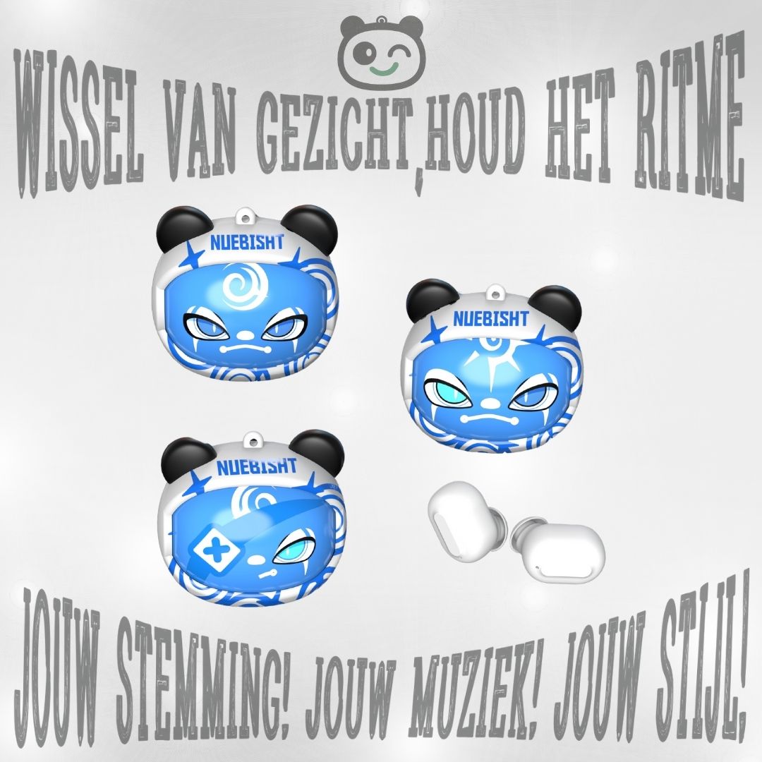 Blauwe Bibo Baby draadloze oordopjes met verwisselbare gezichtjes – speels ontwerp en helder geluid voor kinderen.
