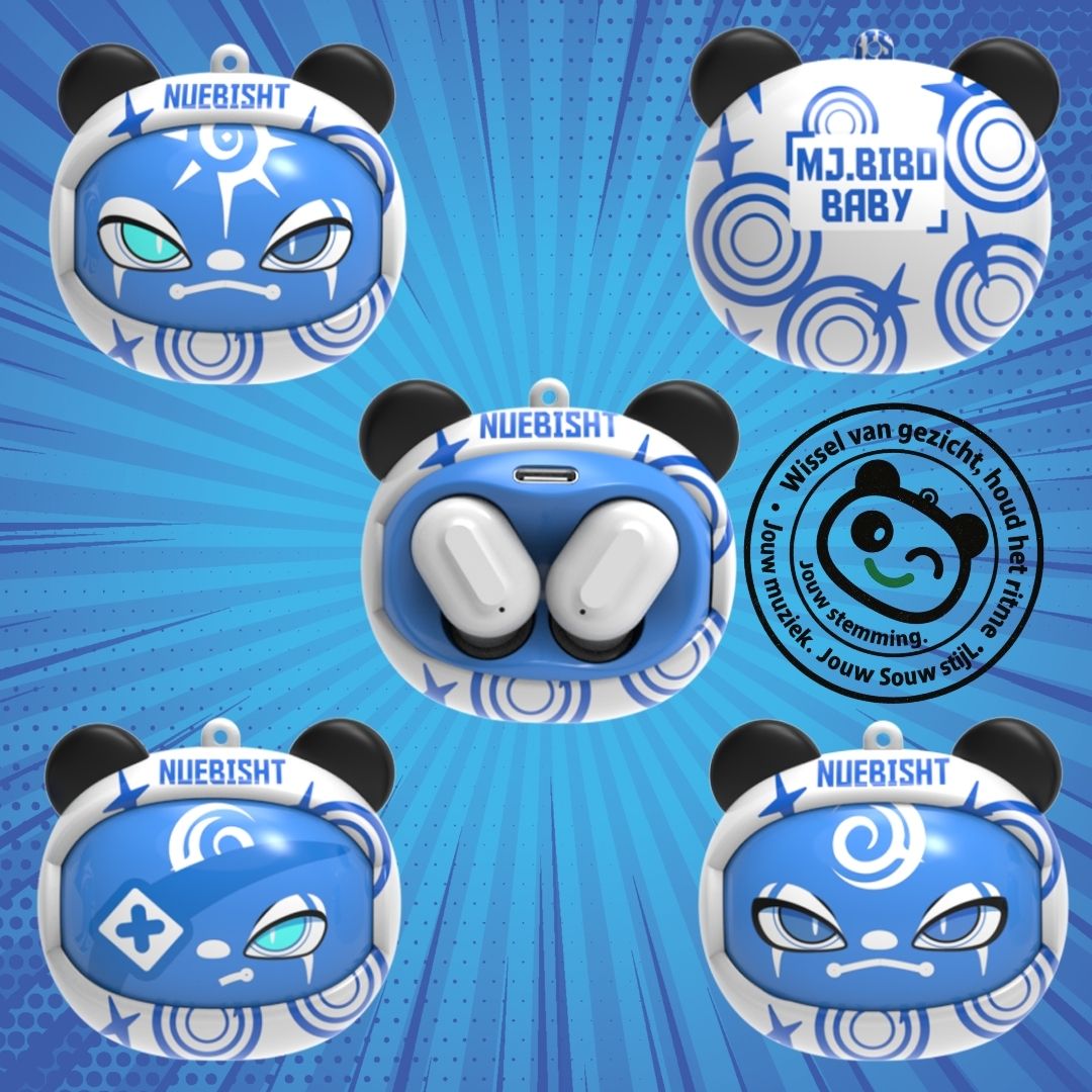 Blauwe Bibo Baby draadloze oordopjes met verwisselbare gezichtjes – speels ontwerp en helder geluid voor kinderen.
