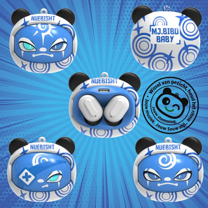 Blauwe Bibo Baby draadloze oordopjes met verwisselbare gezichtjes – speels ontwerp en helder geluid voor kinderen.
