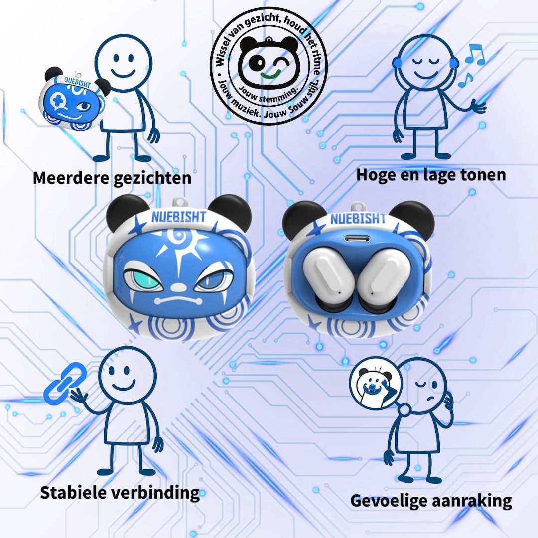 Blauwe Bibo Baby draadloze oordopjes met verwisselbare gezichtjes – speels ontwerp en helder geluid voor kinderen.
